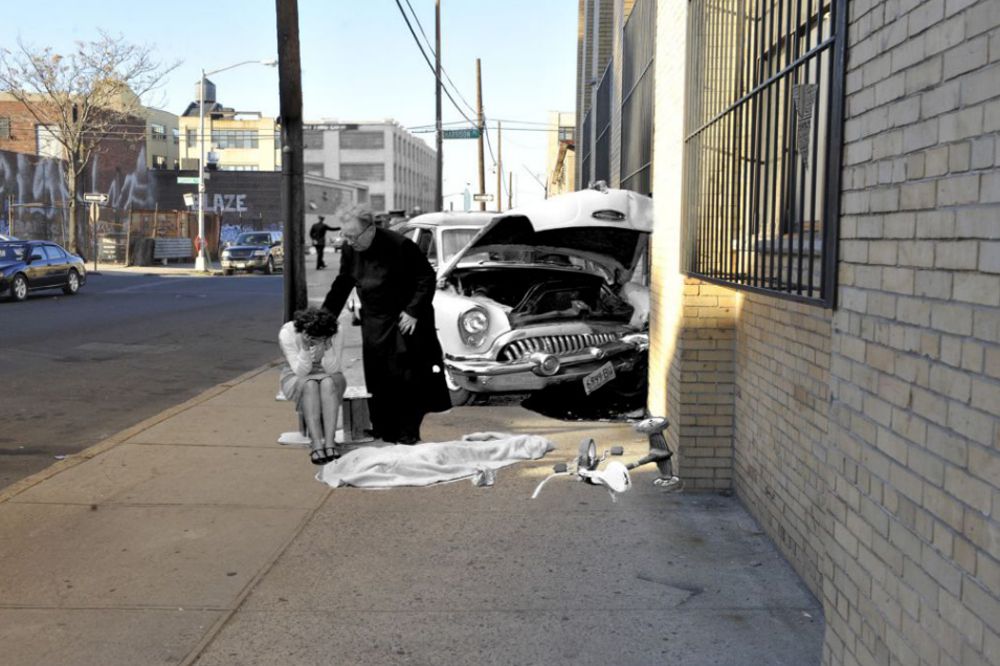 April 4, 1959. Porter Avenue and Harrison Place. A crash resulted in the death of Martha Cartagena, 3, who rose her tricycle across from her home on Porter Avenue. This is her sister Sonia being consoled by Reverend Eugene Emy.